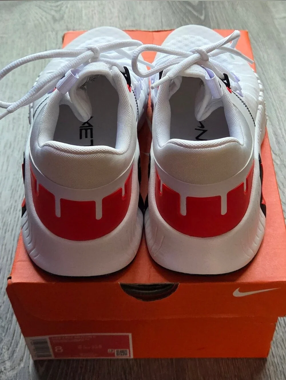 Nike Free Metcon 5 White Athletic Sneakers with Bright Crimson & Black Accent